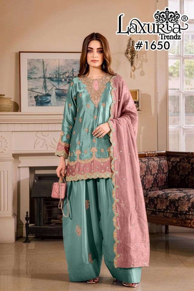 LAXURIA TRENDZ 1650 DESIGNER EMBROIDERY WORK SATIN TOP WITH BOTTOM AND DUPATTA ARE AVAILABLE AT WHOLESALE PRICE