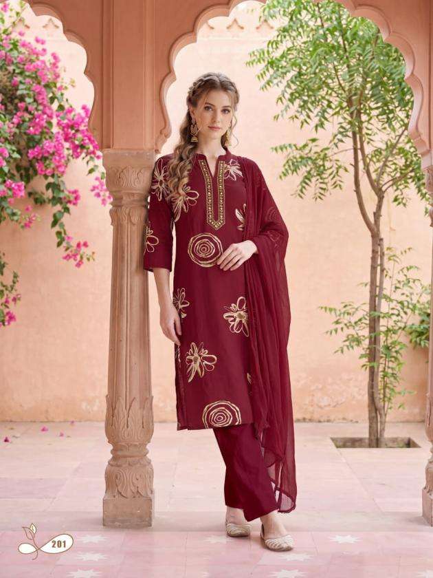 MAHIMA VOL-2 SERIES 201 TO 206 BY OSSM DESIGNER DISCHARGE PRINT AND EMBROIDERY WORK RAYON KURTI WITH BOTTOM AND DUPATTA ARE AVAILABLE AT WHOLESALE PRICE