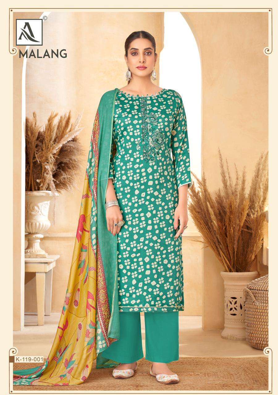 MALANG SERIES 119 BY ALOK SUITS DESIGNER PRINTED AND EMBROIDERY WORK ZAM SUITS ARE AVAILABLE AT WHOLESALE PRICE
