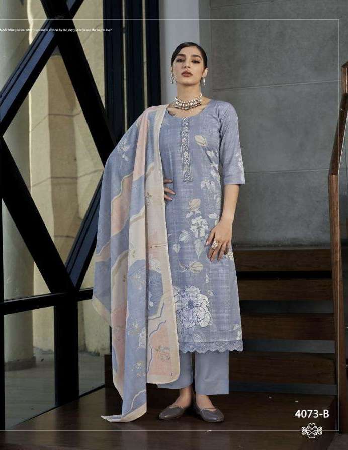 MASHA SERIES 4073 TO 4076 BY RIVAA DESIGNER PRINTED AND YOCK EMBROIDERY WORK ITALIAN LAWN SUITS ARE AVAILABLE AT WHOLESALE PRICE 