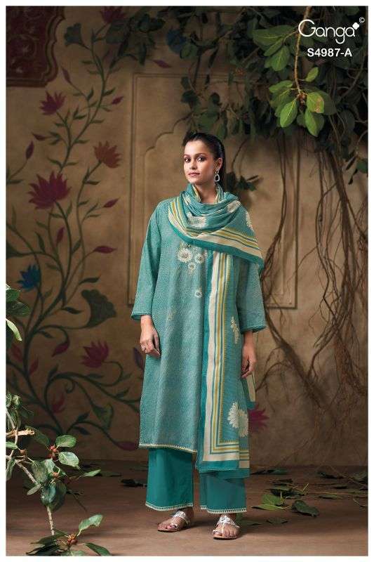 MELIORA SERIES 4987 BY GANGA DESIGNER PRINTED WITH HAND EMBROIDERY AND EMBROIDERY WORK COTTON SUITS ARE AVAILABLE AT WHOLESALE PRICE