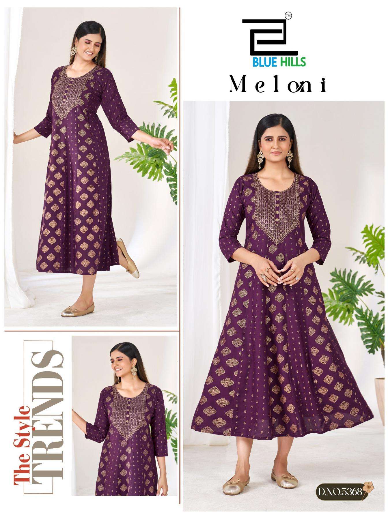MELONI SERIES 5366 TO 5371 BY BLUE HILLS DESIGNER FOIL PRINT AND EMBROIDERY WORK ANARKALI GOWN STYLE KURTI ARE AVAILABLE AT WHOLESALE PRICE