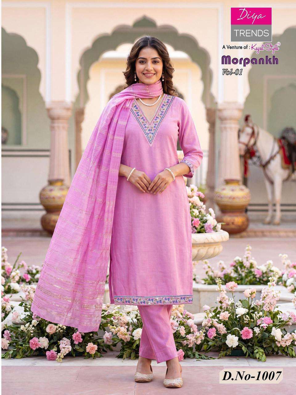 MORPANKH SERIES 1001 TO 1008 BY DIYA TRENDS DESIGNER EMBROIDERY WORK VATICAN KURTI WITH PANT AND DUPATTA ARE AVAILABLE AT WHOLESALE PRICE 