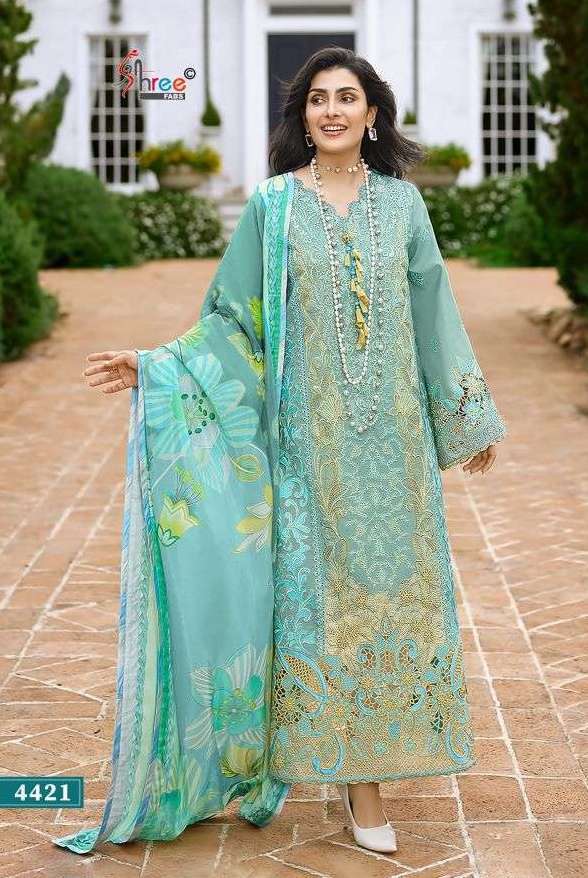 MUSHQ LAWN COLLECTION 26 VOL-1 SERIES 4421 TO 4426 BY SHREE FABS DESIGNER EMBROIDERY WORK COTTON SUITS ARE AVAILABLE AT WHOLESALE PRICE