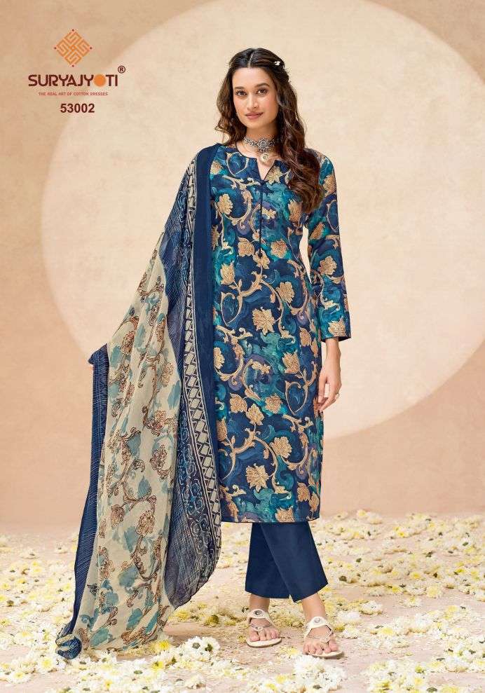NAISHAA VOL-53 SERIES 53001 TO 53010 BY SURYAJYOTI DESIGNER PRINTED AND WORK JAM SATIN SUITS ARE AVAILABLE AT WHOLESALE PRICE