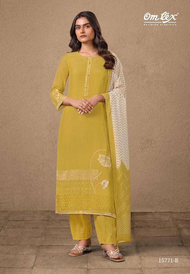 NAVATMANI SERIES 15771 BY OMTEX DESIGNER EMBROIDERY WORK CHANDERI SILK JACQUARD SUITS ARE AVAILABLE AT WHOLESALE PRICE