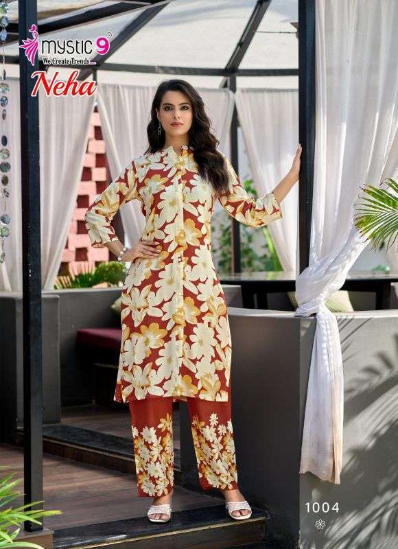 NEHA VOL-1 SERIES 1001 TO 1008 BY MYSTIC 9 DESIGNER PRINTED RAYON CO ORD SET ARE AVAILABLE AT WHOLESALE PRICE 