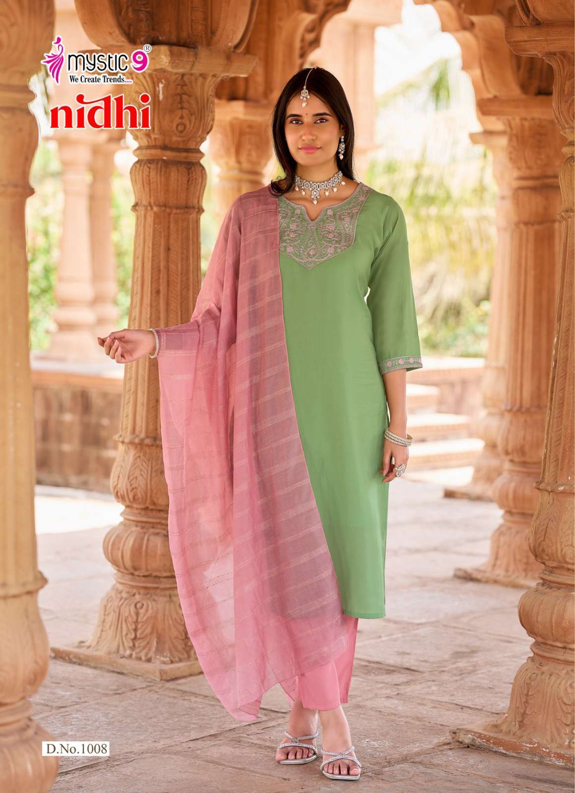 NIDHI VOL-1 SERIES 1001 TO 1008 BY MYSTIC 9 DESIGNER EMBROIDERY WORK ROMAN SILK TOP WITH BOTTOM AND DUPATTA ARE AVAILABLE AT WHOLESALE PRICE
