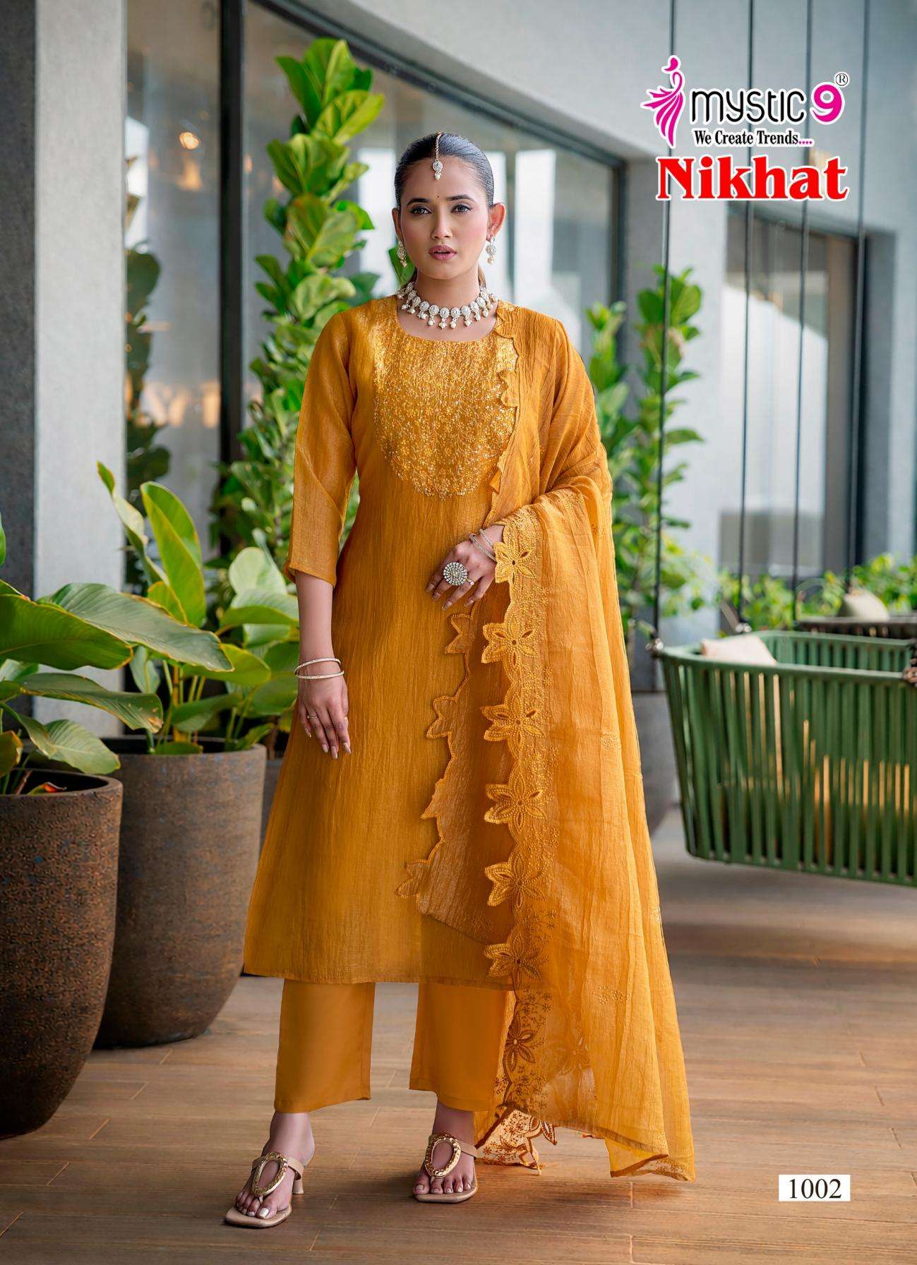 NIKHAT SERIES 1001 TO 1006 BY MYSTIC 9 DESIGNER EMBROIDERY WORK WRINKLE BURBERRY SILK TOP WITH BOTTOM AND DUPATTA ARE AVAILABLE AT WHOLESALE PRICE
