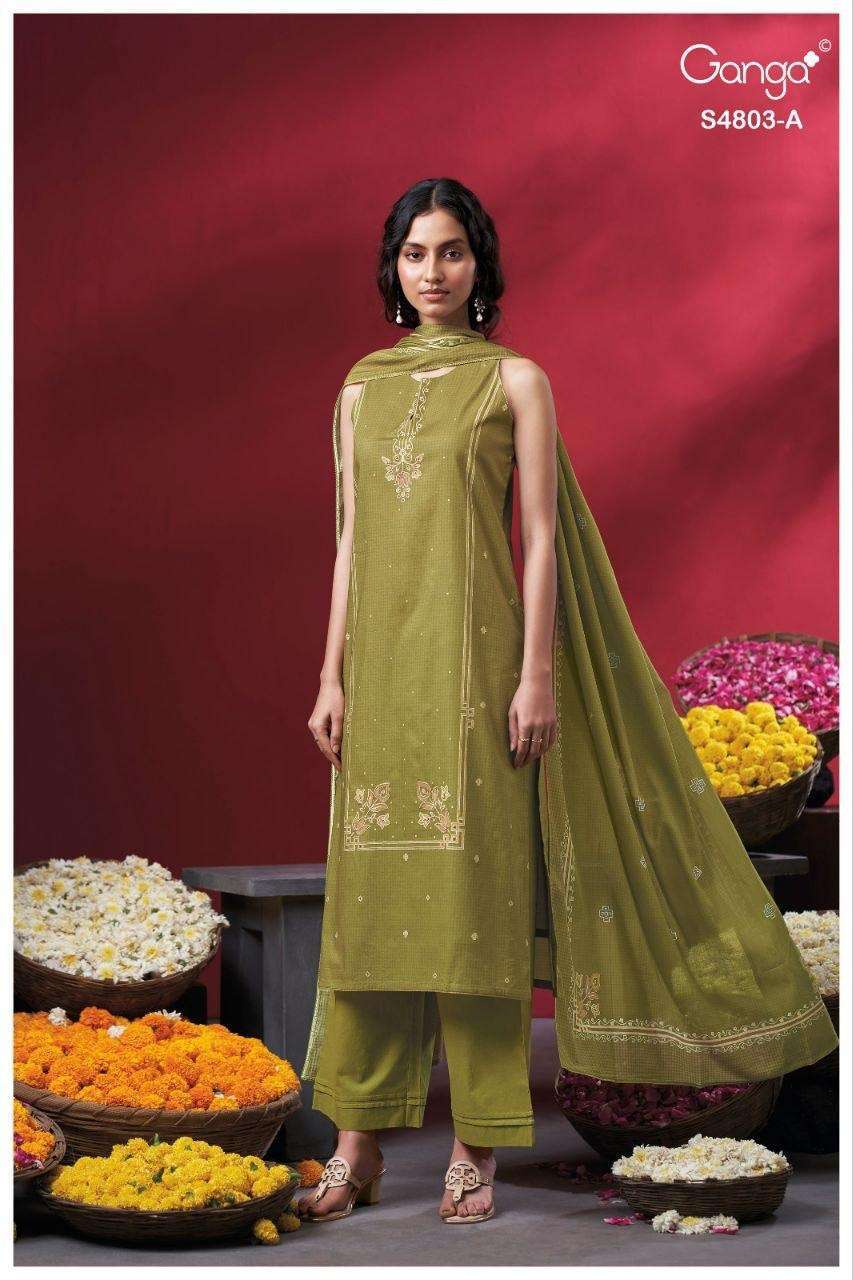 NIREYA SERIES 4803 BY GANGA DESIGNER PRINTED WITH HAND EMBROIDERY AND HAND WORK COTTON SUITS ARE AVAILABLE AT WHOLESALE PRICE