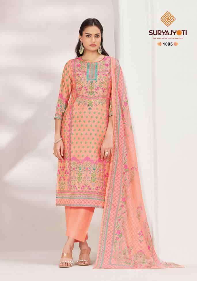 NISHKA VOL-1 SERIES 1001 TO 1006 BY SURYAJYOTI DESIGNER DIGITAL PRINTED AND HAND WORK MODAL SILK SUITS ARE AVAILABLE AT WHOLESALE PRICE