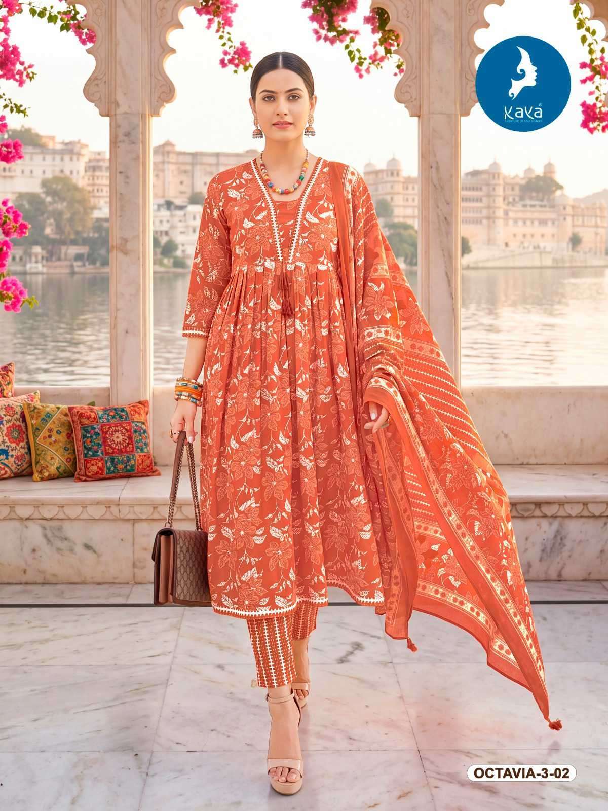 OCTAVIA VOL-3 SERIES 301 TO 306 BY KAYA DESIGNER PRINTED ANARKALI COTTON KURTI WITH BOTTOM AND DUPATTA ARE AVAILABLE AT WHOLESALE PRICE 