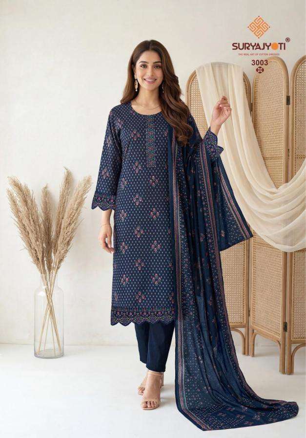 PARIZA ADVANCE VOL-3 SERIES 3001 TO 3006 BY SURYAJYOTI DESIGNER DISCHARGE PRINTED AND EMBROIDERY WORK COTTON READYMADE SUITS ARE AVAILABLE AT WHOLESALE PRICE