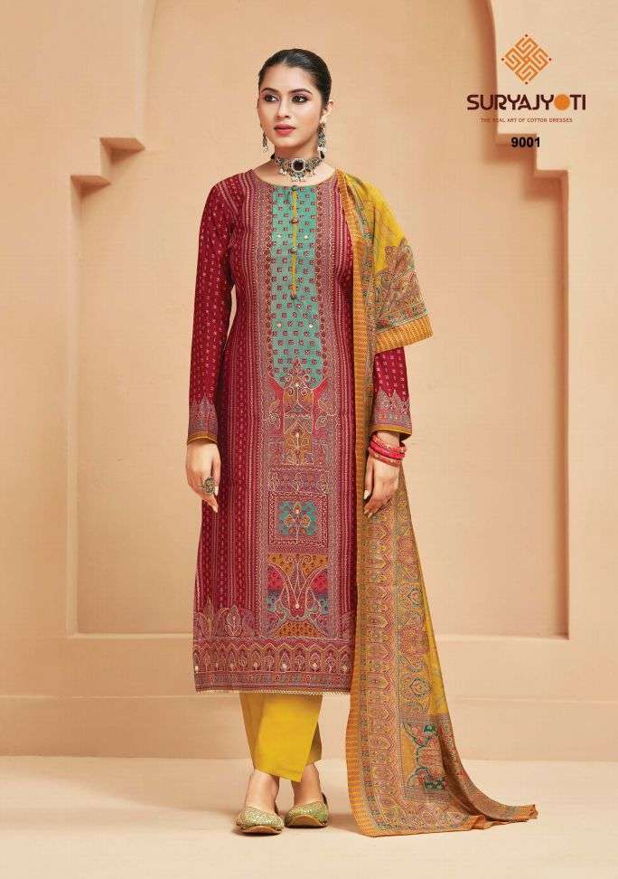 PAYAL ADVANCE VOL-9 SERIES 9001 TO 9006 BY SURYAJYOTI DESIGNER DISCHARGE PRINTED AND WORK MODAL SUITS ARE AVAILABLE AT WHOLESALE PRICE