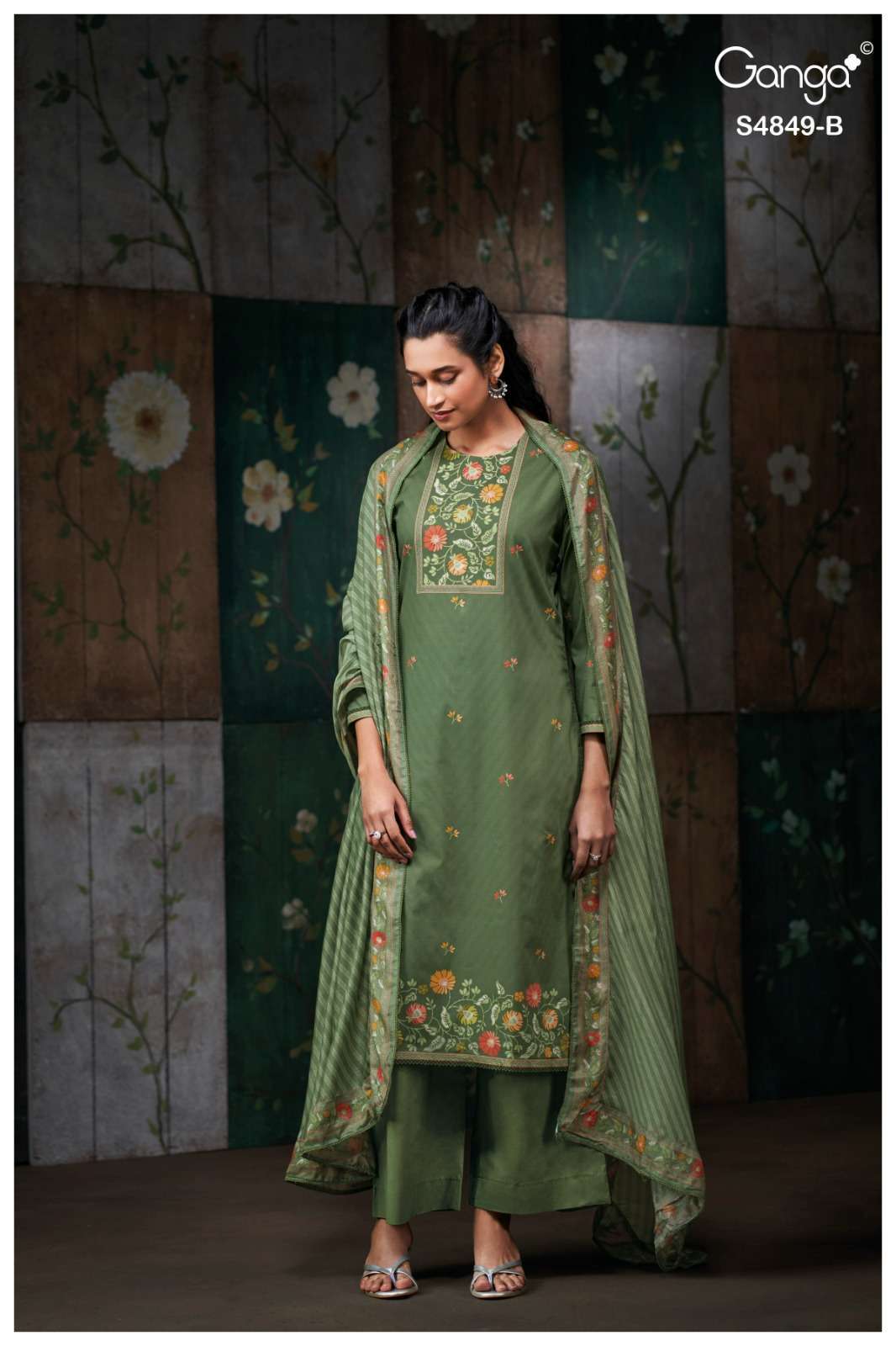 PAZELLEA SERIES 4849 BY GANGA DESIGNER PRINTED WITH SCHIFFLI EMBROIDERY AND HAND WORK COTTON SUITS ARE AVAILABLE AT WHOLESALE PRICE
