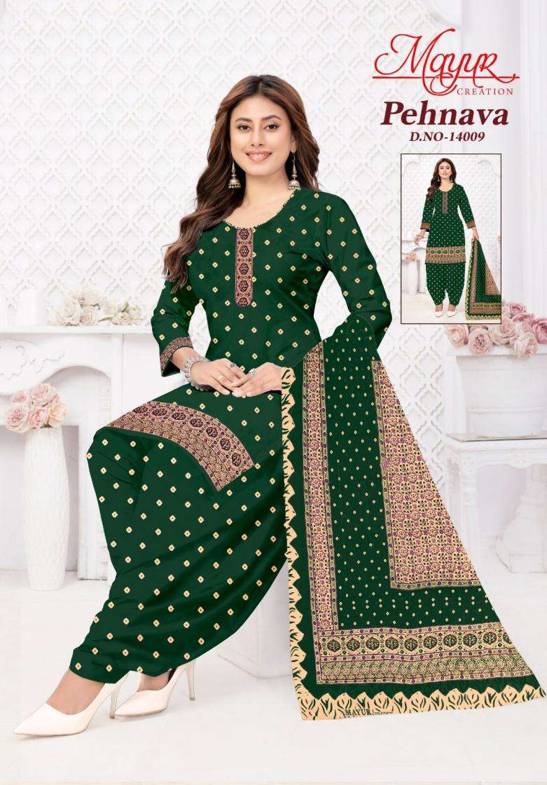 PEHNAVA VOL-14 SERIES 14001 TO 14010 BY MAYUR DESIGNER PRINTED COTTON SUITS ARE AVAILABLE AT WHOLESALE PRICE