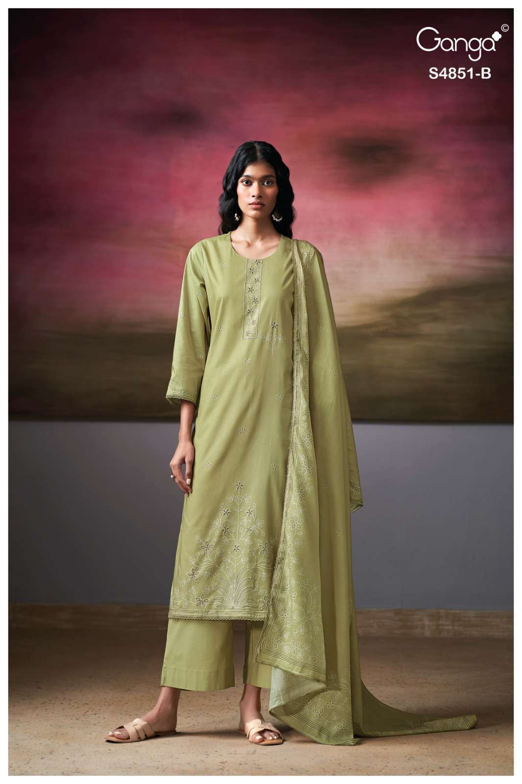 PELYRA SERIES 4851 BY GANGA DESIGNER PRINTED WITH HAND EMBROIDERY AND HAND WORK COTTON SUITS ARE AVAILABLE AT WHOLESALE PRICE