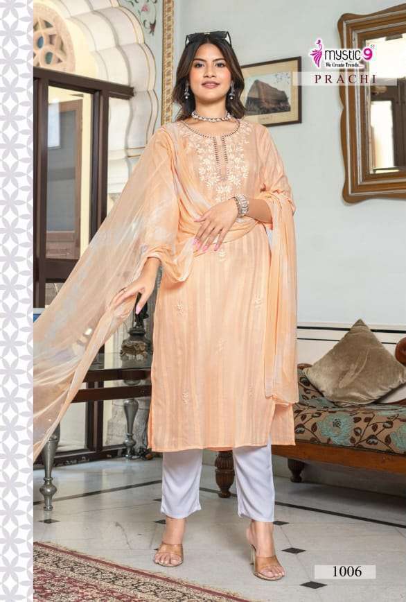 PRACHI VOL-1 SERIES 1001 TO 1008 BY MYSTIC 9 DESIGNER EMBROIDERY WORK CAPSUL KURTI WITH BOTTOM AND DUPATTA ARE AVAILABLE AT WHOLESALE PRICE