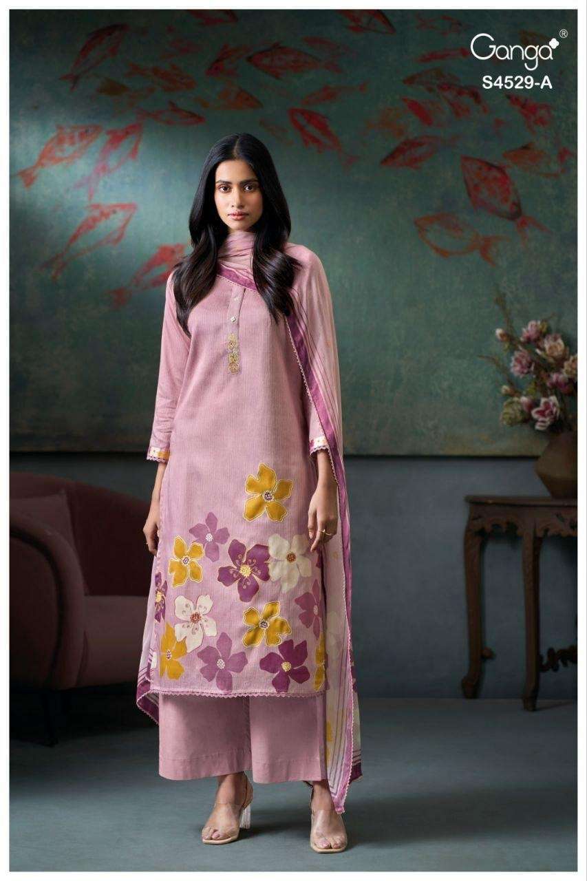 PRIARAE SERIES 4529 BY GANGA DESIGNER PRINTED WITH EMBROIDERY AND HAND EMBROIDERY WORK COTTON SATIN SUITS ARE AVAILABLE AT WHOLESALE PRICE 