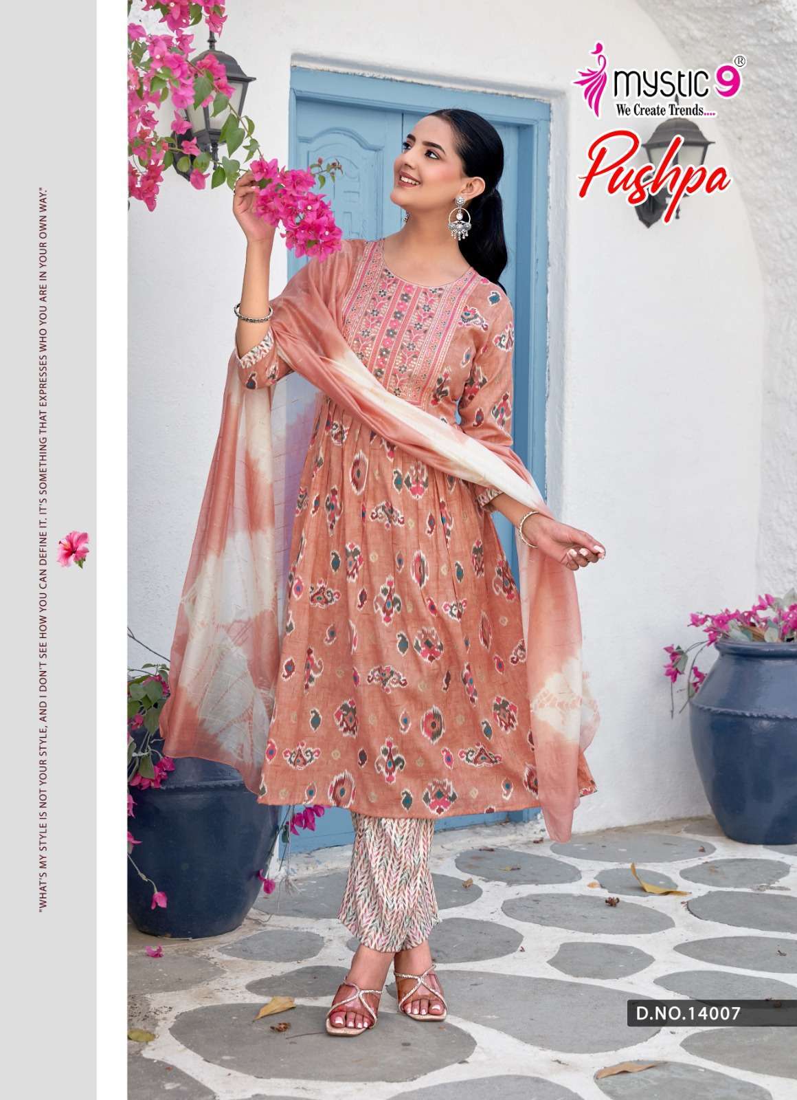 PUSHPA VOL-14 SERIES 14001 TO 14008 BY MYSTIC 9 DESIGNER PRINTED AND WORK RAYON CAPSULE ANARKALI KURTI WITH BOTTOM AND DUPATTA ARE AVAILABLE AT WHOLESALE PRICE
