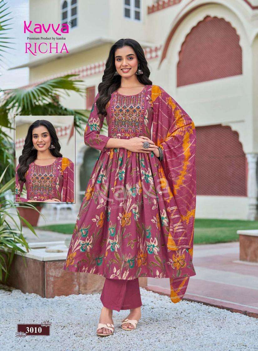 RICHA VOL-3 SERIES 3001 TO 3010 BY KAVYA DESIGNER FOIL PRINTED AND WORK VATICAN KURTI ARE AVAILABLE AT WHOLESALE PRICE