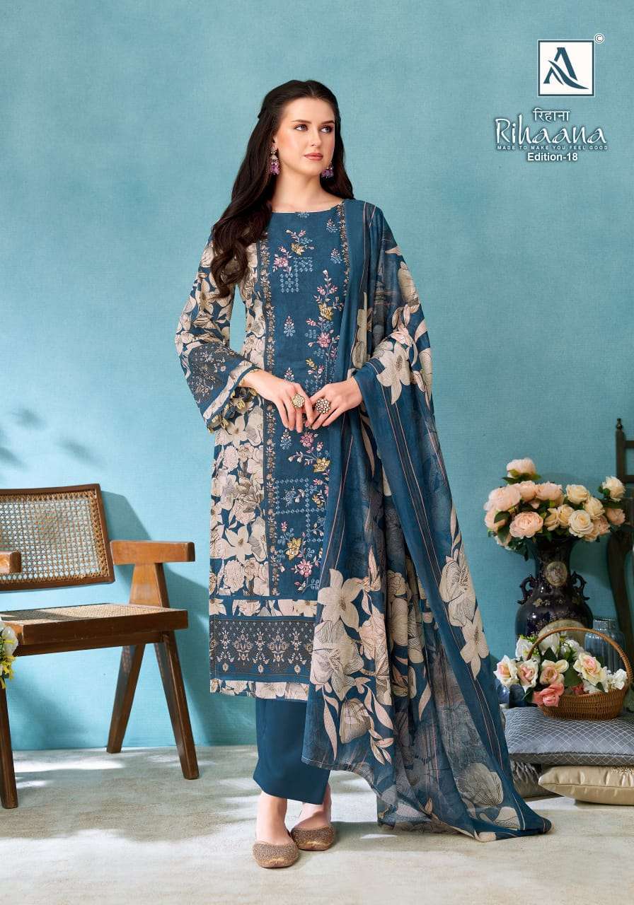 RIHAANA EDITION-18 SERIES 3035 BY ALOK SUITS DESIGNER WITH PRINTED AND WORK CAMBRIC COTTON SUITS ARE AVAILABLE AT WHOLESALE PRICE