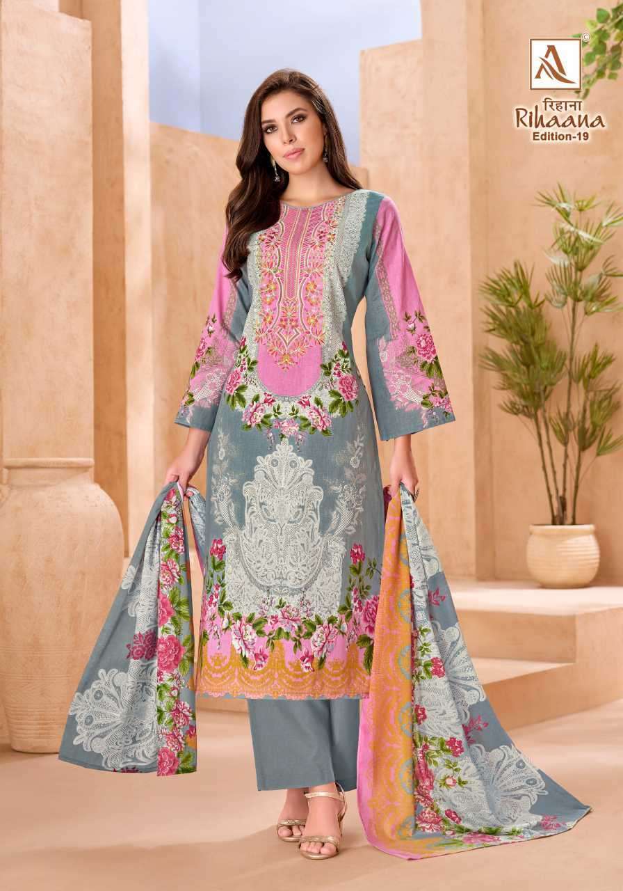 RIHAANA EDITION-19 SERIES 3063 BY ALOK SUITS DESIGNER WITH PRINTED AND WORK CAMBRIC COTTON SUITS ARE AVAILABLE AT WHOLESALE PRICE