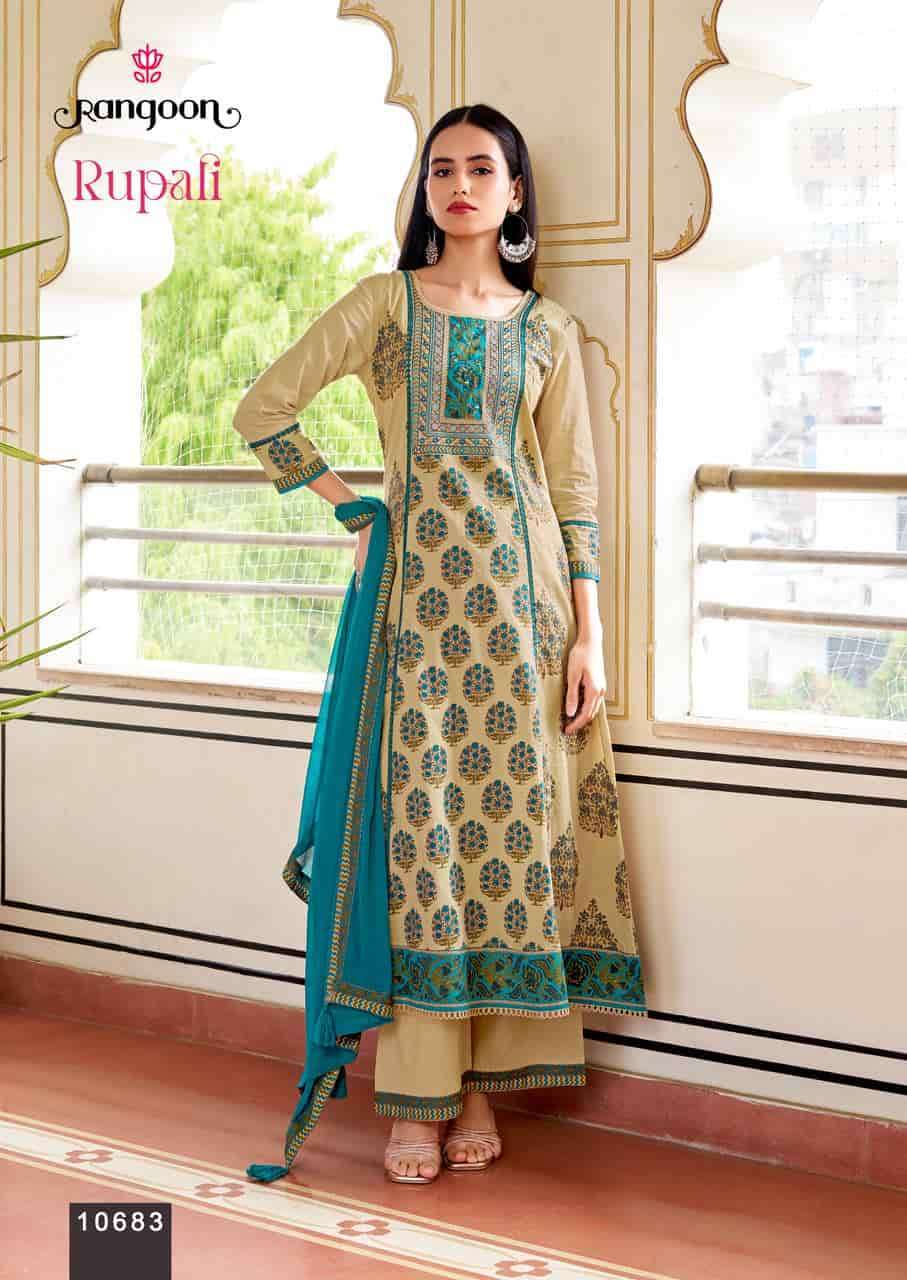 RUPALI SERIES 10681 TO 10684 BY RANGOON DESIGNER PRINTED AND EMBROIDERY WORK COTTON KURTI WITH BOTTOM AND DUPATTA ARE AVAILABLE AT WHOLESALE PRICE