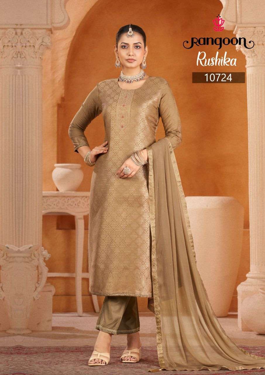 RUSHIKA SERIES 10721 TO 10724 BY RANGOON DESIGNER VISCOSE MUSLIN JACQUARD TOP WITH BOTTOM AND DUPATTA ARE AVAILABLE AT WHOLESALE PRICE
