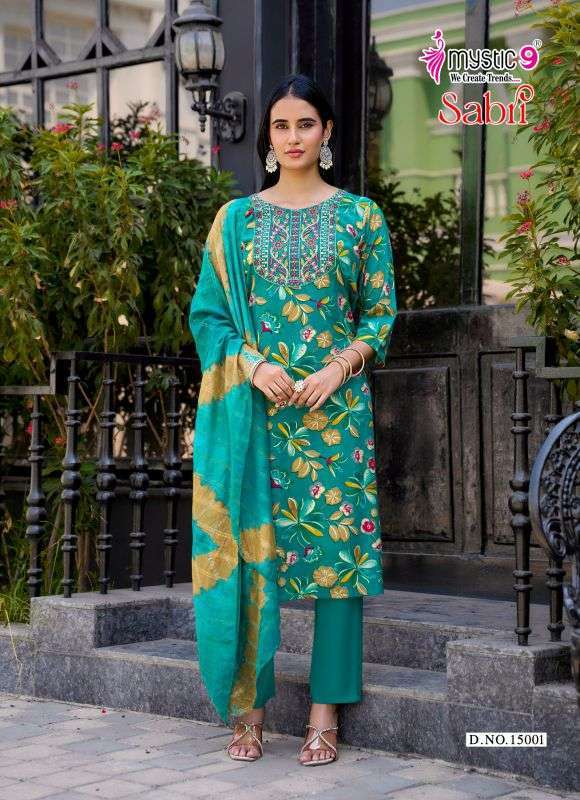 SABRI VOL-15 SERIES 15001 TO 15008 BY MYSTIC 9 DESIGNER PRINTED AND WORK RAYON KURTI WITH BOTTOM AND DUPATTA ARE AVAILABLE AT WHOLESALE PRICE