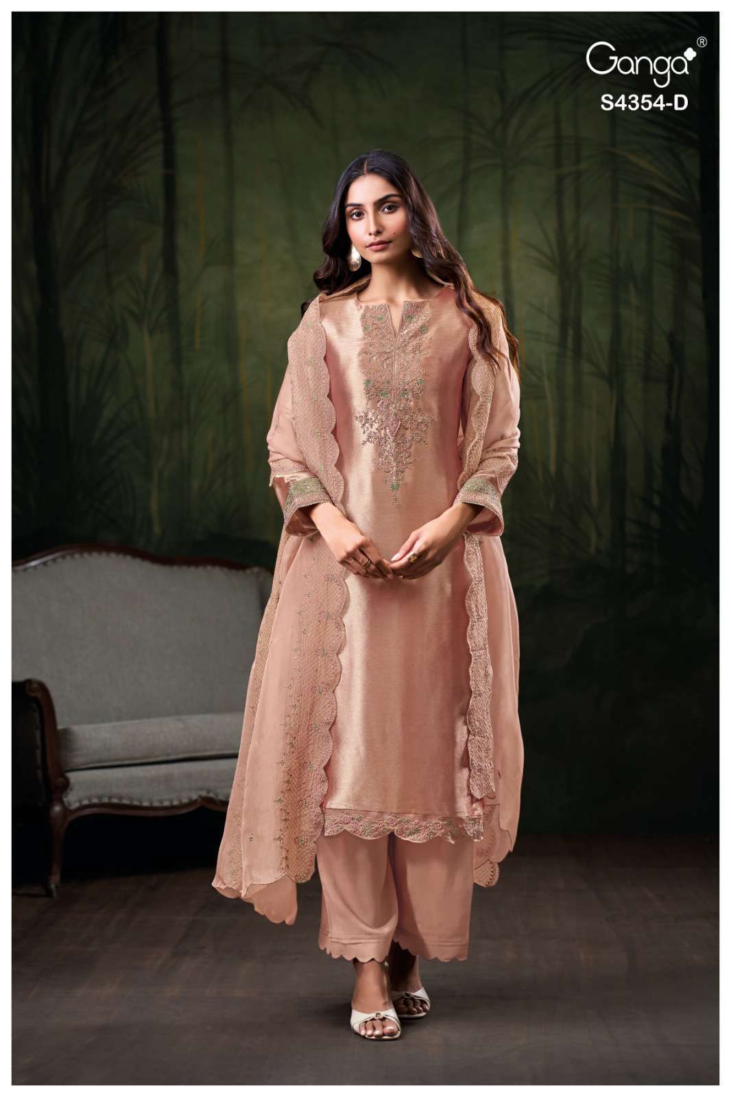 SAREEN SERIES 4354 BY GANGA DESIGNER EMBROIDERY AND HAND EMBROIDERY WORK BEMBERG SILK SUITS ARE AVAILABLE AT WHOLESALE PRICE
