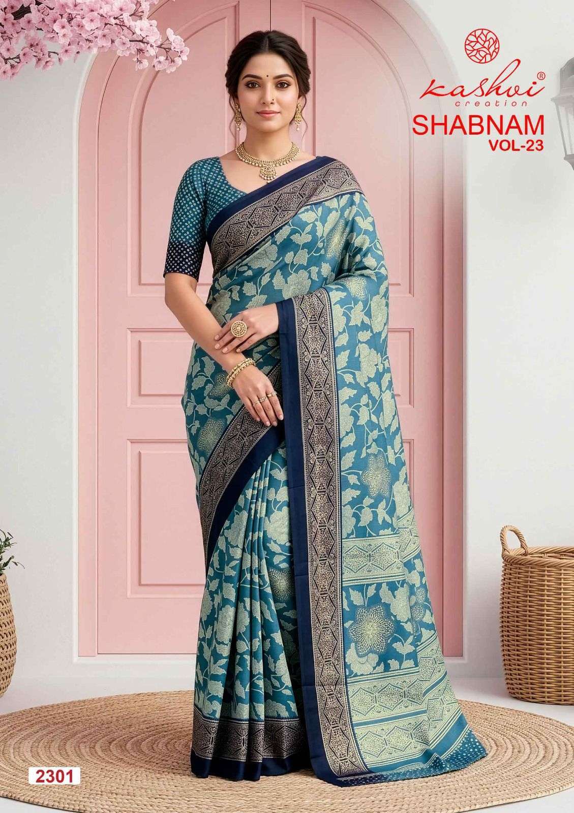 SHABNAM VOL-23 SERIES 2301 TO 2308 SAREE BY KASHVI DESIGNER FOIL PRINT DULL MOSS SAREE ARE AVAILABLE AT WHOLESALE PRICE 
