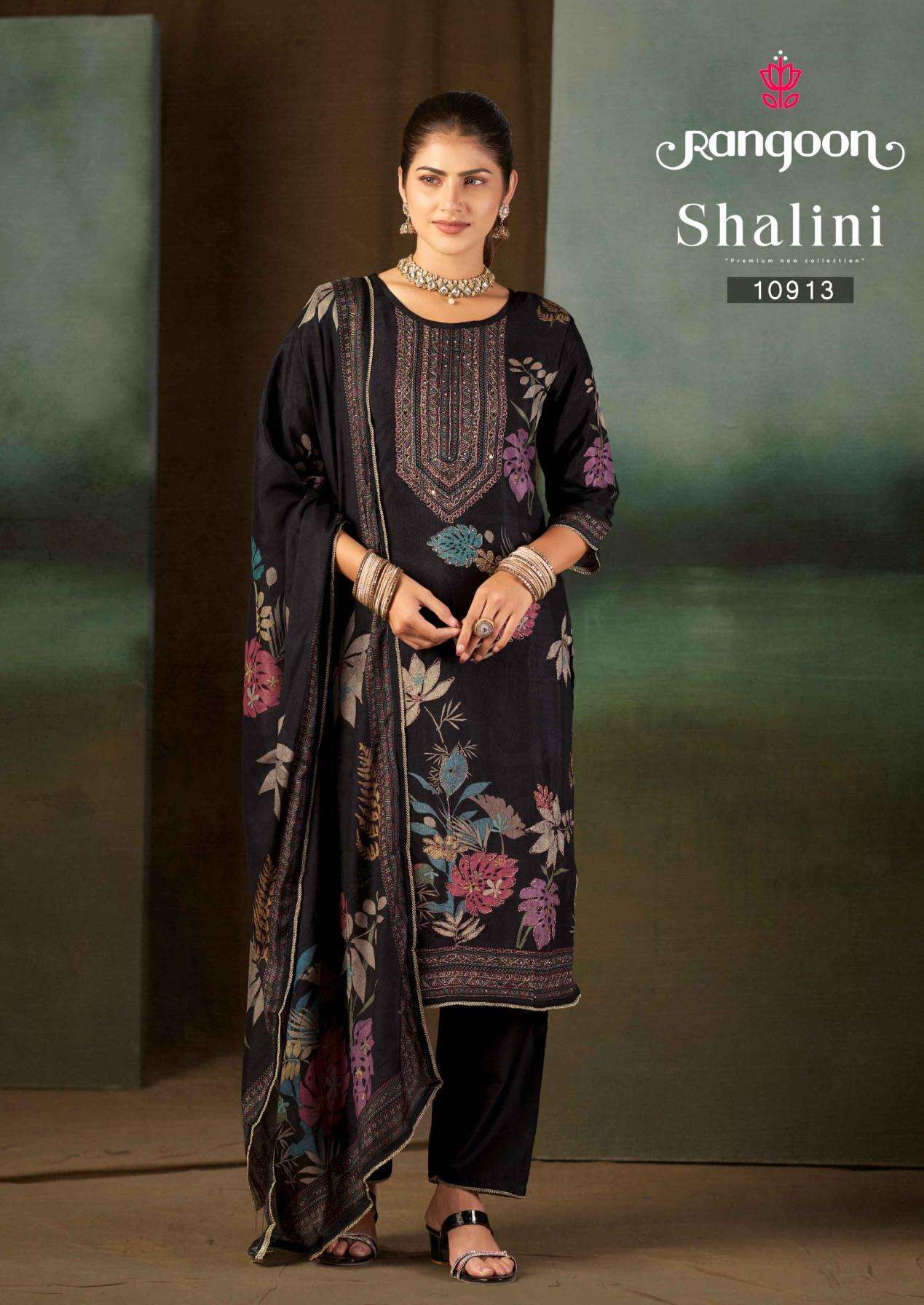 SHALINI SERIES 10911 TO 10914 BY RANGOON DESIGNER DIGITAL PRINTED AND AARI WORK MUSLIN TOP WITH BOTTOM AND DUPATTA ARE AVAILABLE AT WHOLESALE PRICE