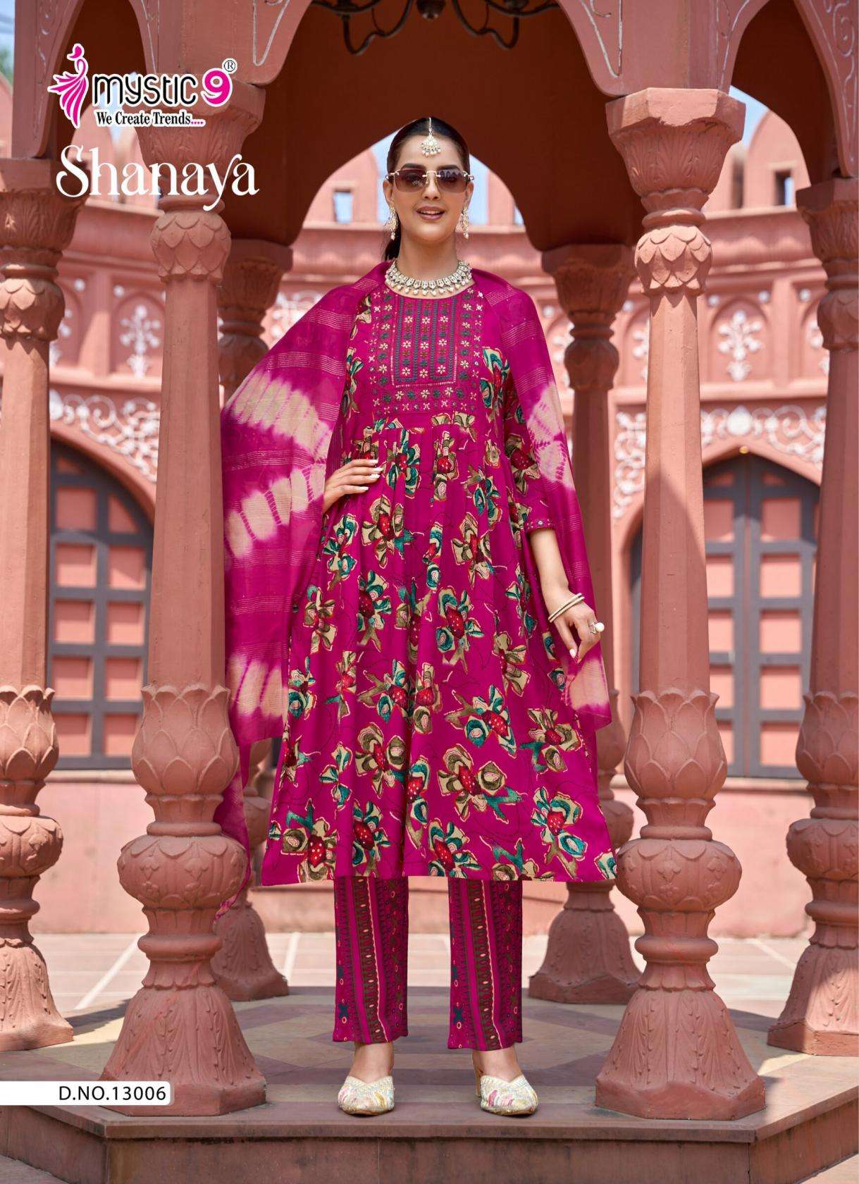 SHANAYA VOL-13 SERIES 13001 TO 13008 BY MYSTIC 9 DESIGNER FOIL PRINTED AND WORK RAYON ANARKALI KURTI WITH BOTTOM AND DUPATTA ARE AVAILABLE AT WHOLESALE PRICE