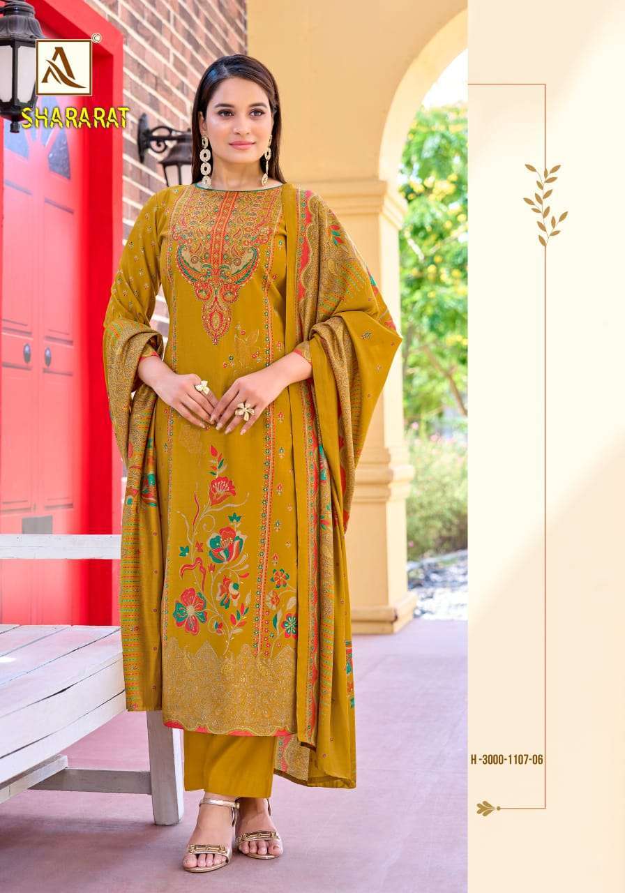 SHARARAT SERIES 3000 BY ALOK SUITS DESIGNER DISCHARGE PRINTED AND HAND WORK MODAL SUITS ARE AVAILABLE AT WHOLESALE PRICE