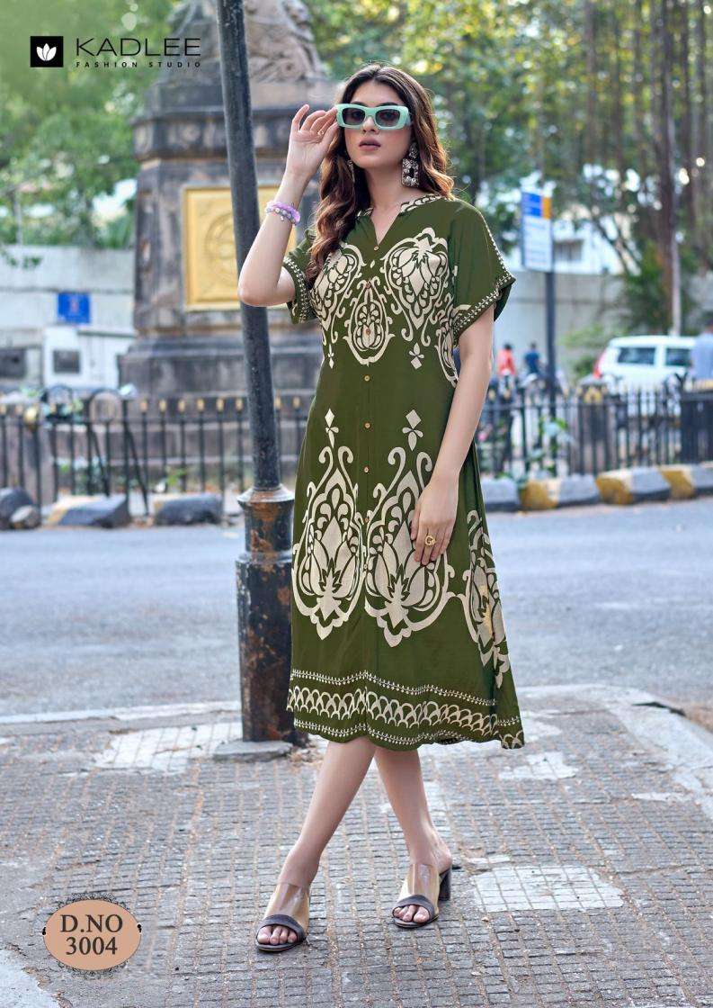 SIGNATURE SERIES 3001 TO 3005 BY KADLEE DESIGNER THREAD AND HAND WORK RAYON PRINTED KURTIS ARE AVAILABLE AT WHOLESALE PRICE