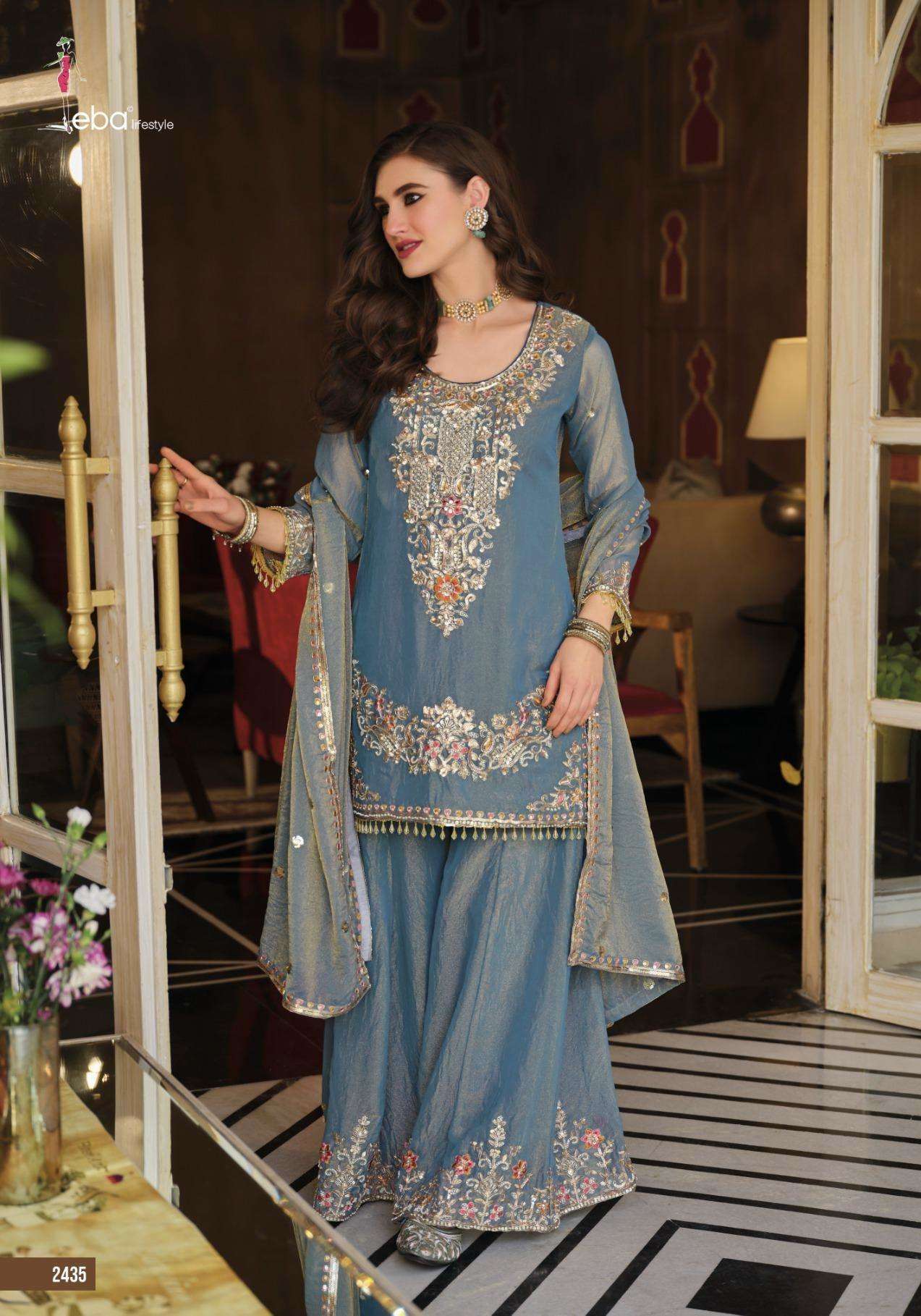 SOFIYA SERIES 2434 TO 2435 BY EBA DESIGNER BEADS WORK MOSS SUITS ARE AVAILABLE AT WHOLESALE PRICE 