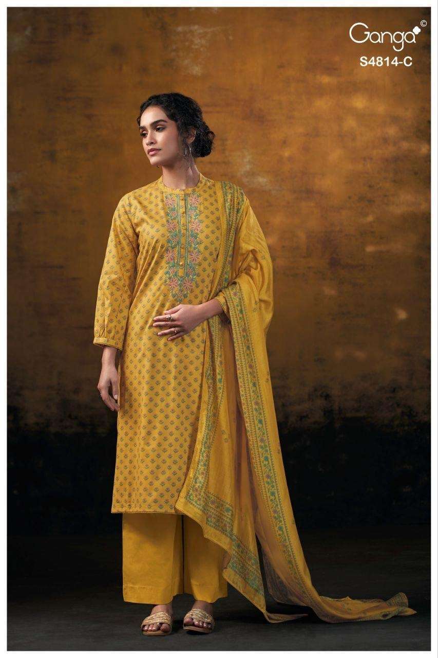 SRAVANTHI SERIES 4814 BY GANGA DESIGNER PRINTED WITH EMBROIDERY AND HAND WORK COTTON SUITS ARE AVAILABLE AT WHOLESALE PRICE 