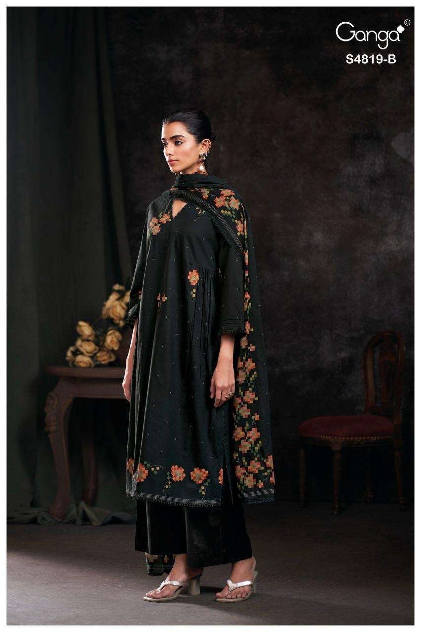 TIRZAH SERIES 4819 BY GANGA DESIGNER PRINTED WITH HAND EMBROIDERY AND HAND WORK COTTON SUITS ARE AVAILABLE AT WHOLESALE PRICE