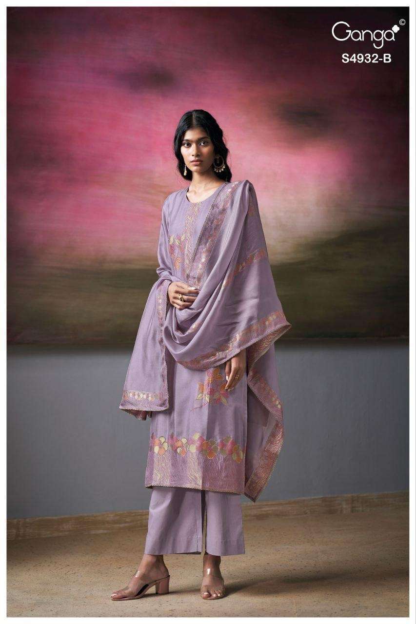 TOSHIKA SERIES 4932 BY GANGA DESIGNER HAND EMBROIDERY WORK VISCOSE WOVEN SILK SUITS ARE AVAILABLE AT WHOLESALE PRICE