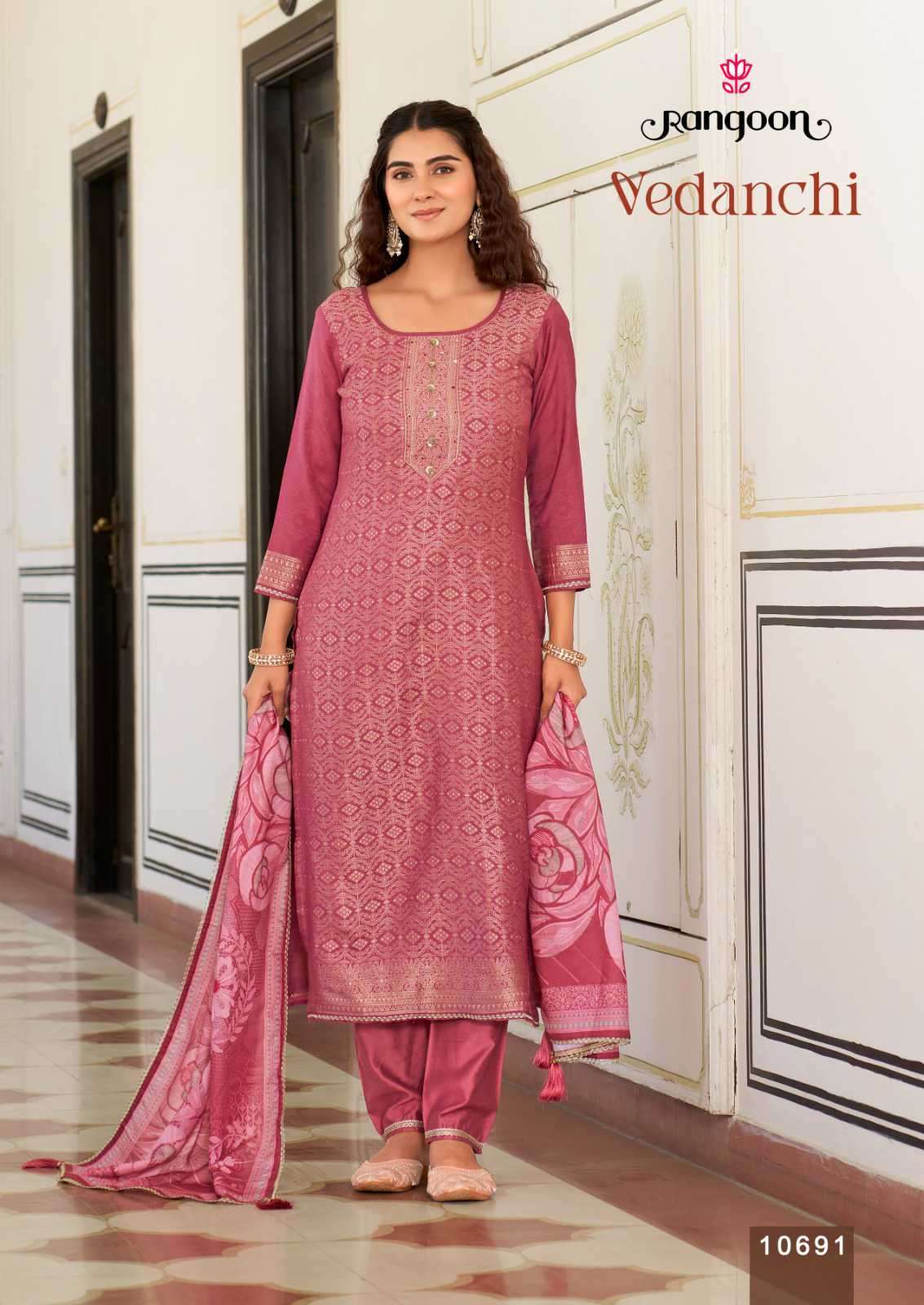 VEDANCHI SERIES 10691 TO 10694 BY RANGOON DESIGNER KHATLI HAND WORK VISCOSE MUSLIN JACQUARD TOP WITH BOTTOM AND DUPATTA ARE AVAILABLE AT WHOLESALE PRICE 