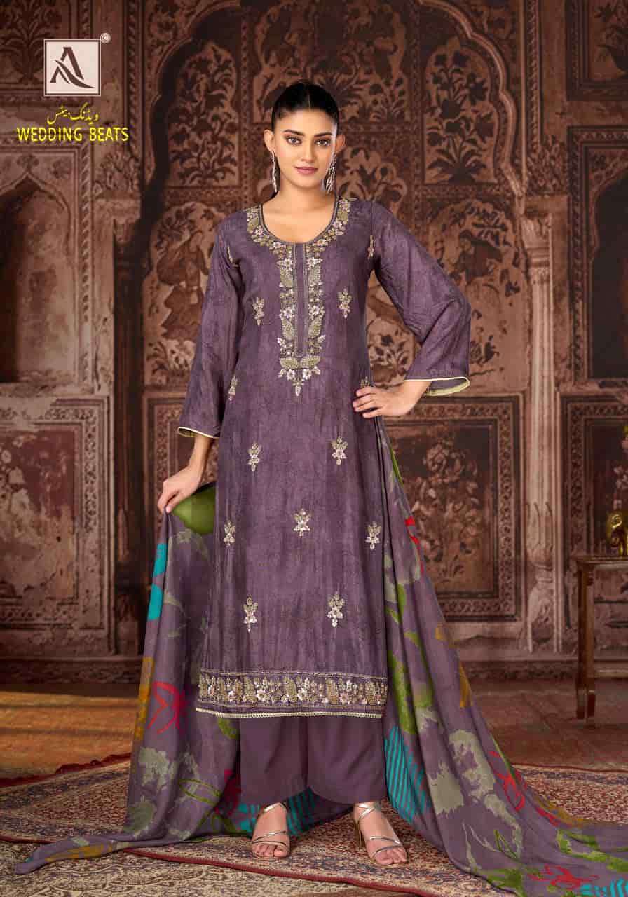 WEDDING BEATS SERIES 3050 BY ALOK SUITS DESIGNER PRINTED AND BEADS WORK MUSLIN SUITS ARE AVAILABLE AT WHOLESALE PRICE 