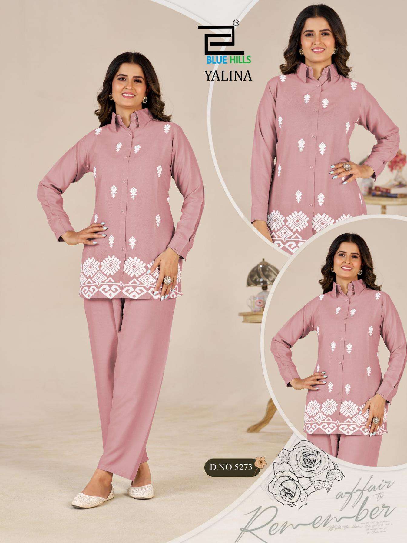 YALINA SERIES 1001 TO 1004 BY BLUE HILLS DESIGNER THREAD WORK RAYON CO ORD SETS ARE AVAILABLE AT WHOLESALE PRICE