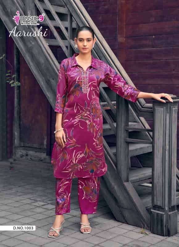 AARUSHI VOL-1 SERIES 1001 TO 1008 BY MYSTIC 9 DESIGNER DISCHARGE FOIL PRINT AND EMBROIDERY WORK ROMAN GLASS CO ORD SETS ARE AVAILABLE AT WHOLESALE PRICE