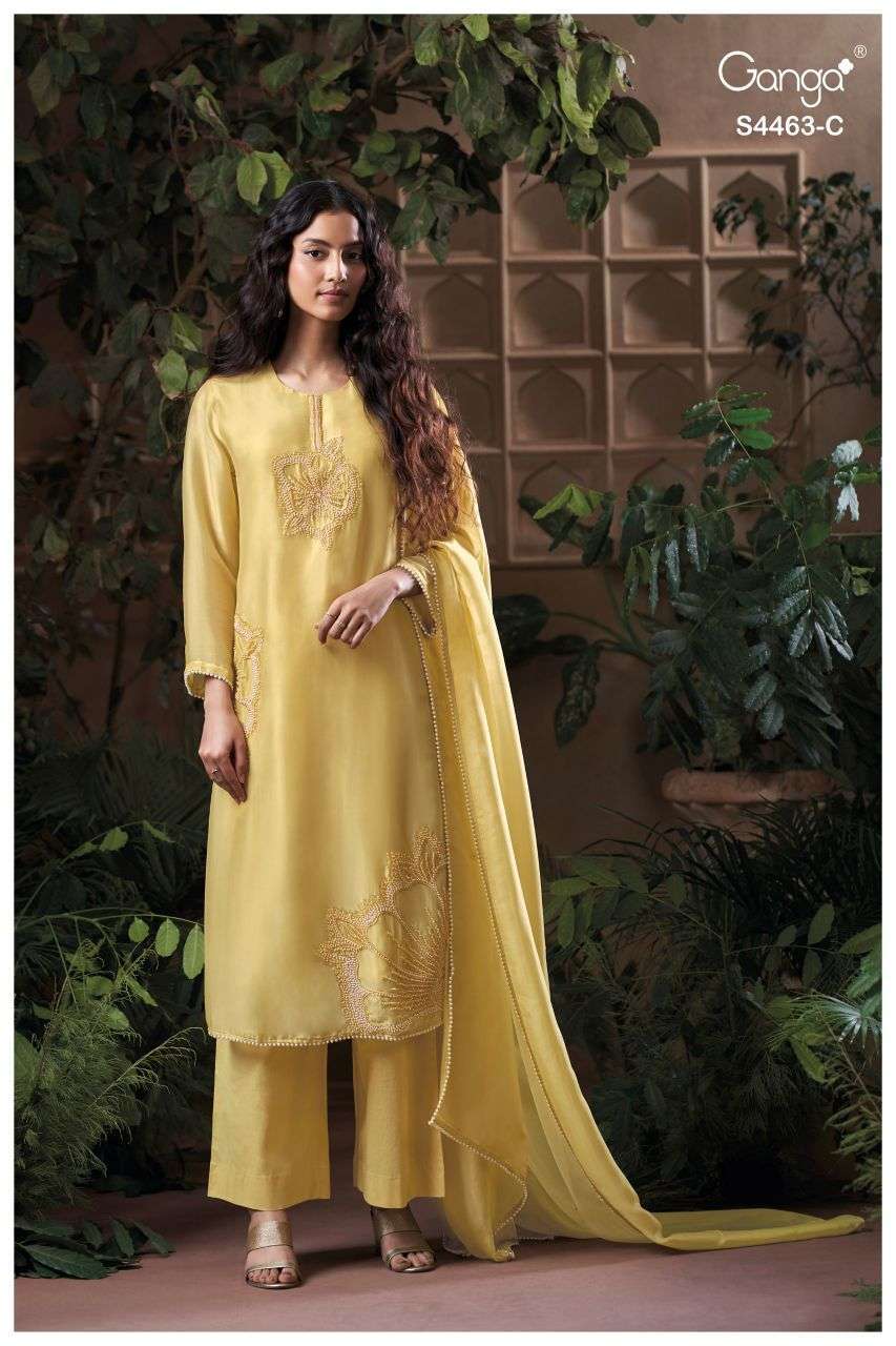 AIVORIA SERIES 4463 BY GANGA DESIGNER BEADS EMBROIDERY WORK BEMBERG SILK SATIN SUITS ARE AVAILABLE AT WHOLESALE PRICE
