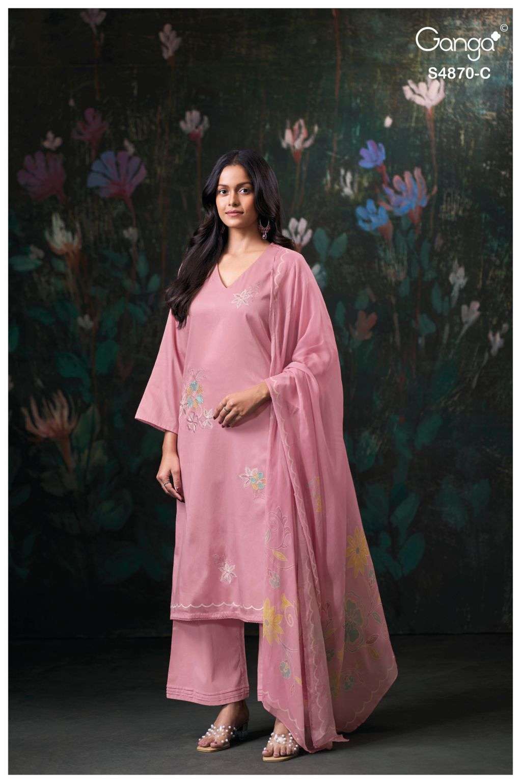 AMARY SERIES 4870 BY GANGA DESIGNER EMBROIDERY WORK COTTON SATIN SUITS ARE AVAILABLE AT WHOLESALE PRICE 