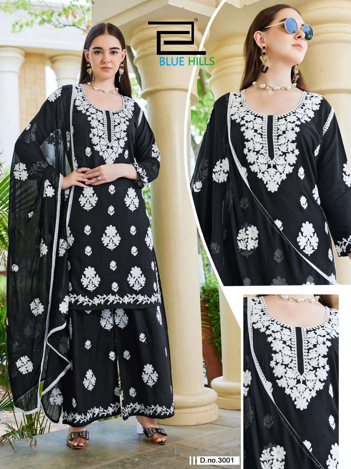 ANEESHA SERIES 3001 TO 3002 BY B LUE HILLS DESIGNER THREAD WORK RAYON KURTI WITH PLAZZO AND DUPATTA ARE AVAILABLE AT WHOLESALE PRICE
