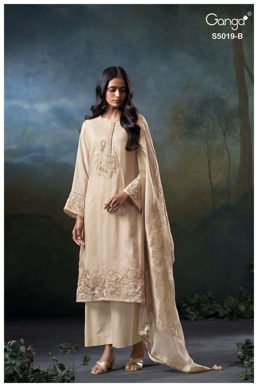 ANSHIKA SERIES 5019 BY GANGA DESIGNER EMBROIDERY AND HAND WORK BEMBERG HABUTAI SILK SUITS ARE AVAILABLE AT WHOLESALE PRICE 