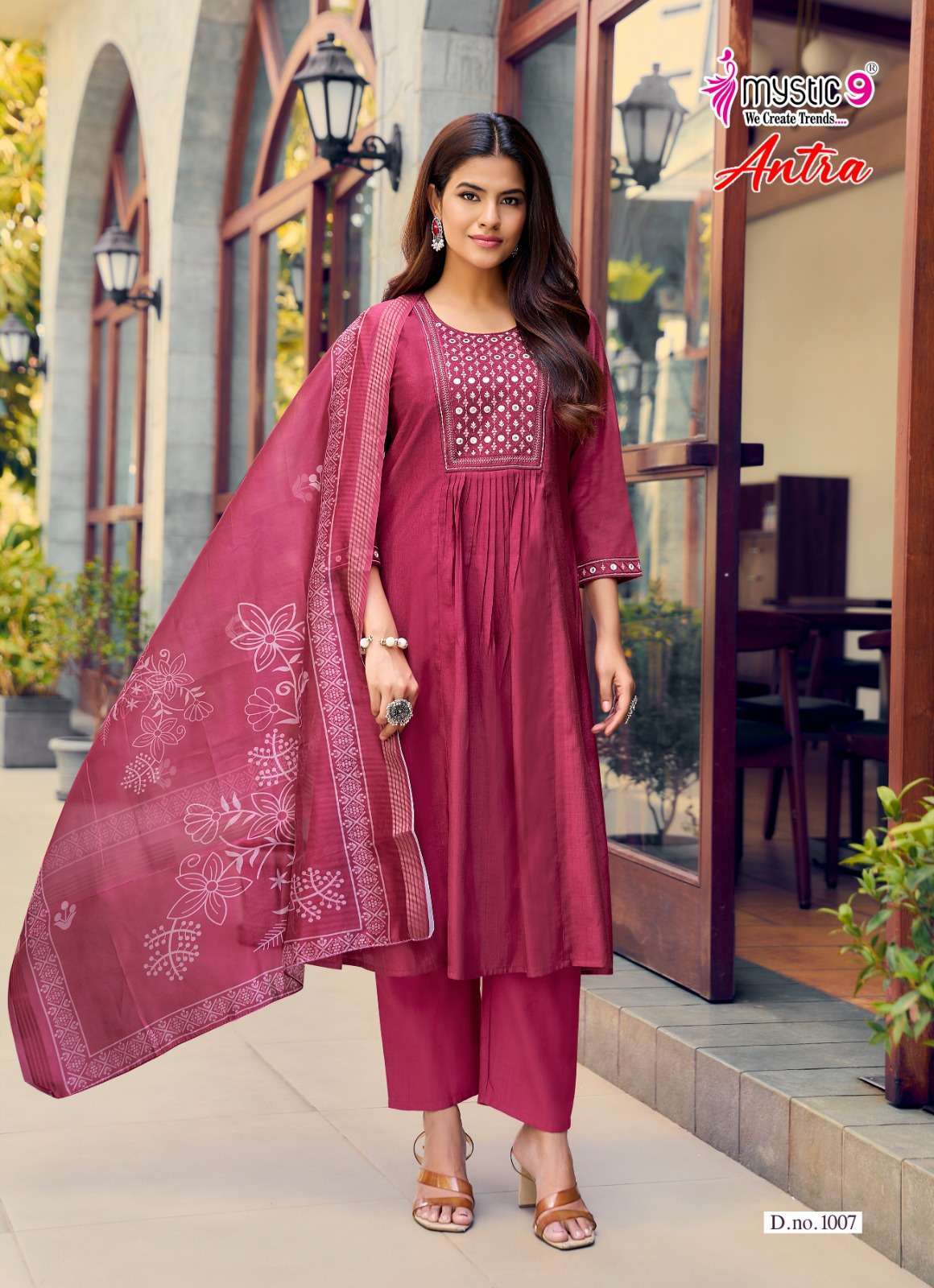 ANTRA VOL-1 SERIES 1001 TO 1008. BY MYSTIC 9 DESIGNER EMBROIDERY WORK NATURAL CREPE TOP WITH BOTTOM AND DUPATTA ARE AVAILABLE AT WHOLESALE PRICE
