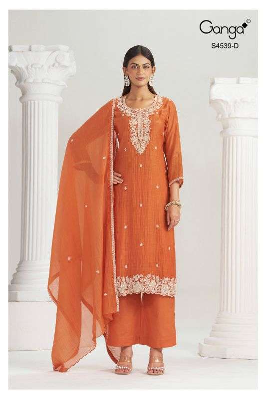 APARNA SERIES 4539 BY GANGA DESIGNER EMBROIDERY WORK BEMBERG MUL SUITS ARE AVAILABLE AT WHOLESALE PRICE
